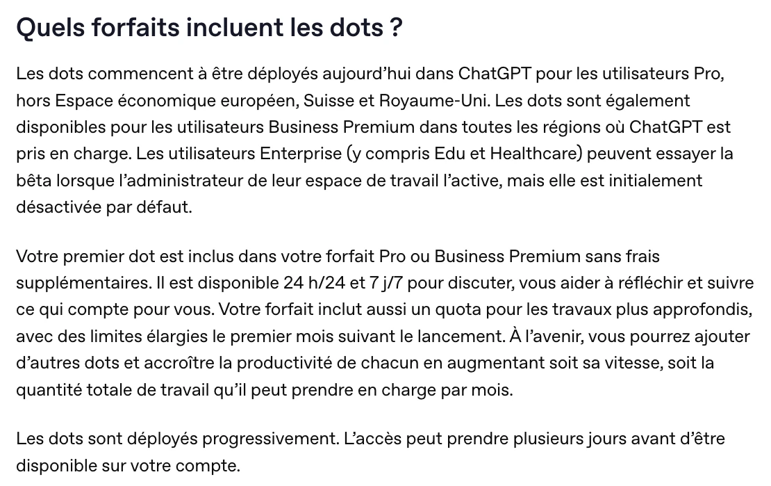 Le centre d'aide d'OpenAI : les dots sont déployés pour les utilisateurs Pro hors Espace économique européen, Suisse et Royaume-Uni