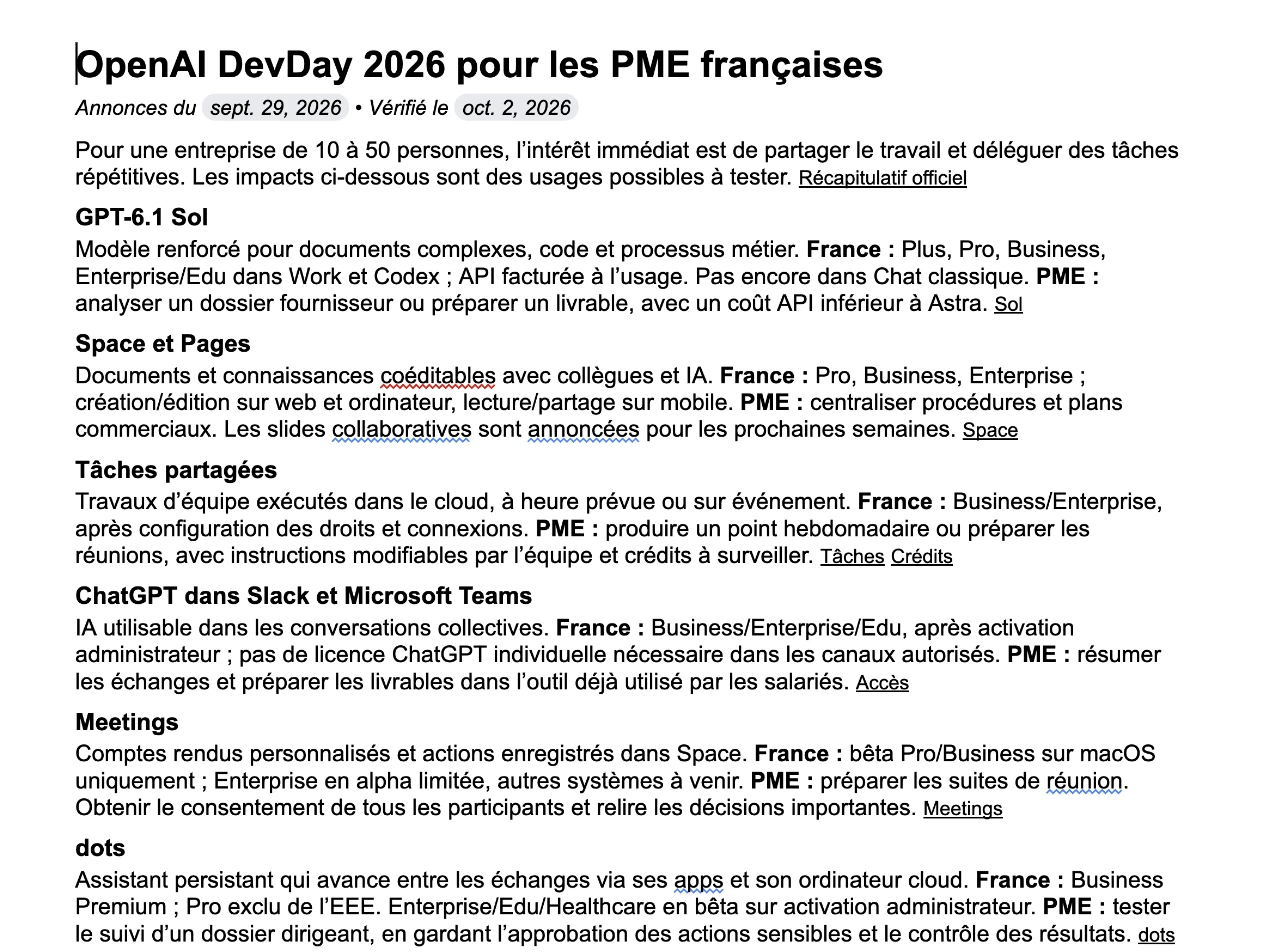 Le Google Doc livré par le dot : une page, huit annonces du DevDay, l'accès en France et l'usage pour une PME, avec les sources