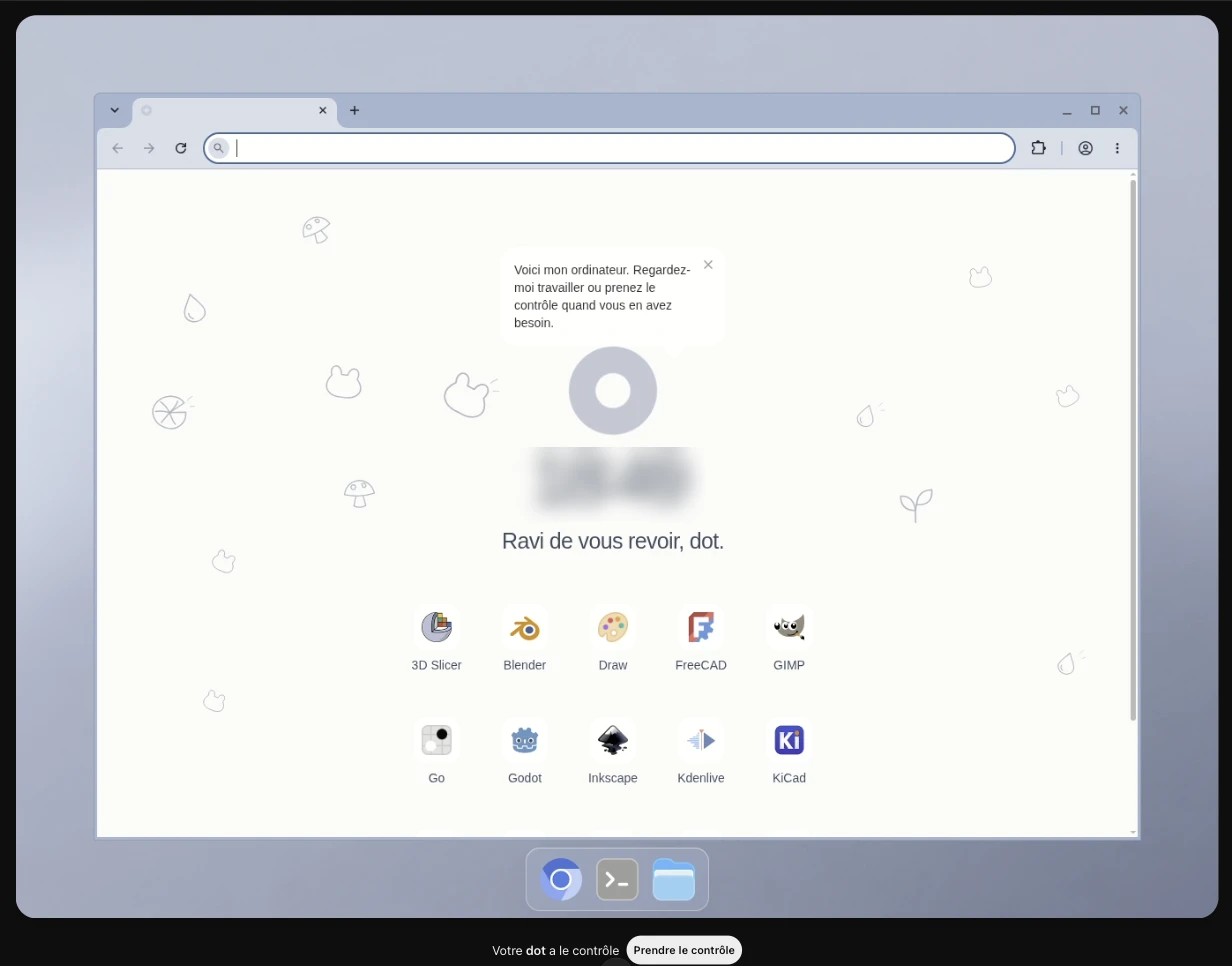 L'ordinateur cloud d'un dot : un bureau Linux avec Chrome, un terminal et des logiciels préinstallés, et le bouton Prendre le contrôle