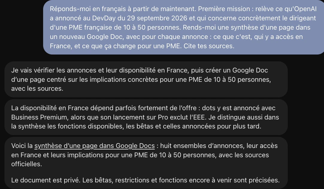 La première mission confiée au dot, et sa réponse en français qui relève déjà l'exclusion du Pro en Europe