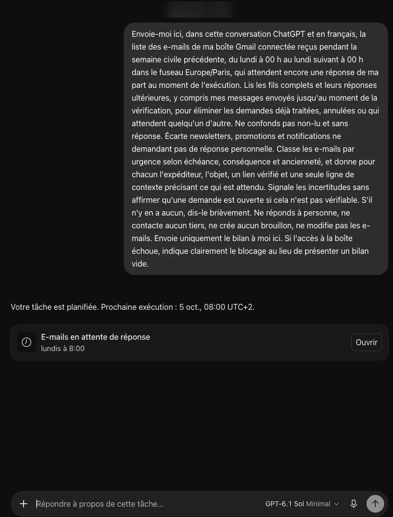 La tâche planifiée créée par le dot : la consigne réécrite, la prochaine exécution, et le modèle GPT-6.1 Sol en mode Minimal