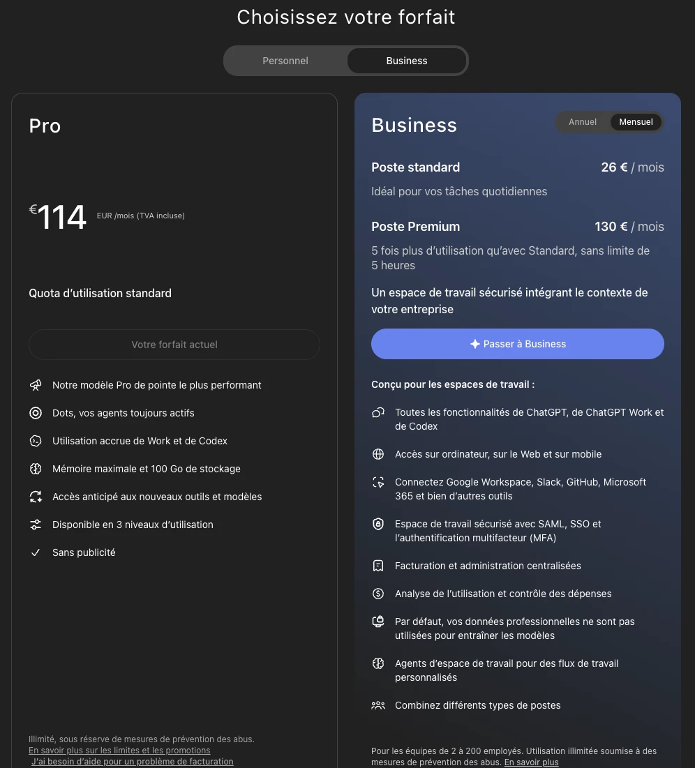 La grille ChatGPT : Pro à 114 euros qui liste les dots, et Business avec le poste Standard à 26 euros et le poste Premium à 130 euros par mois