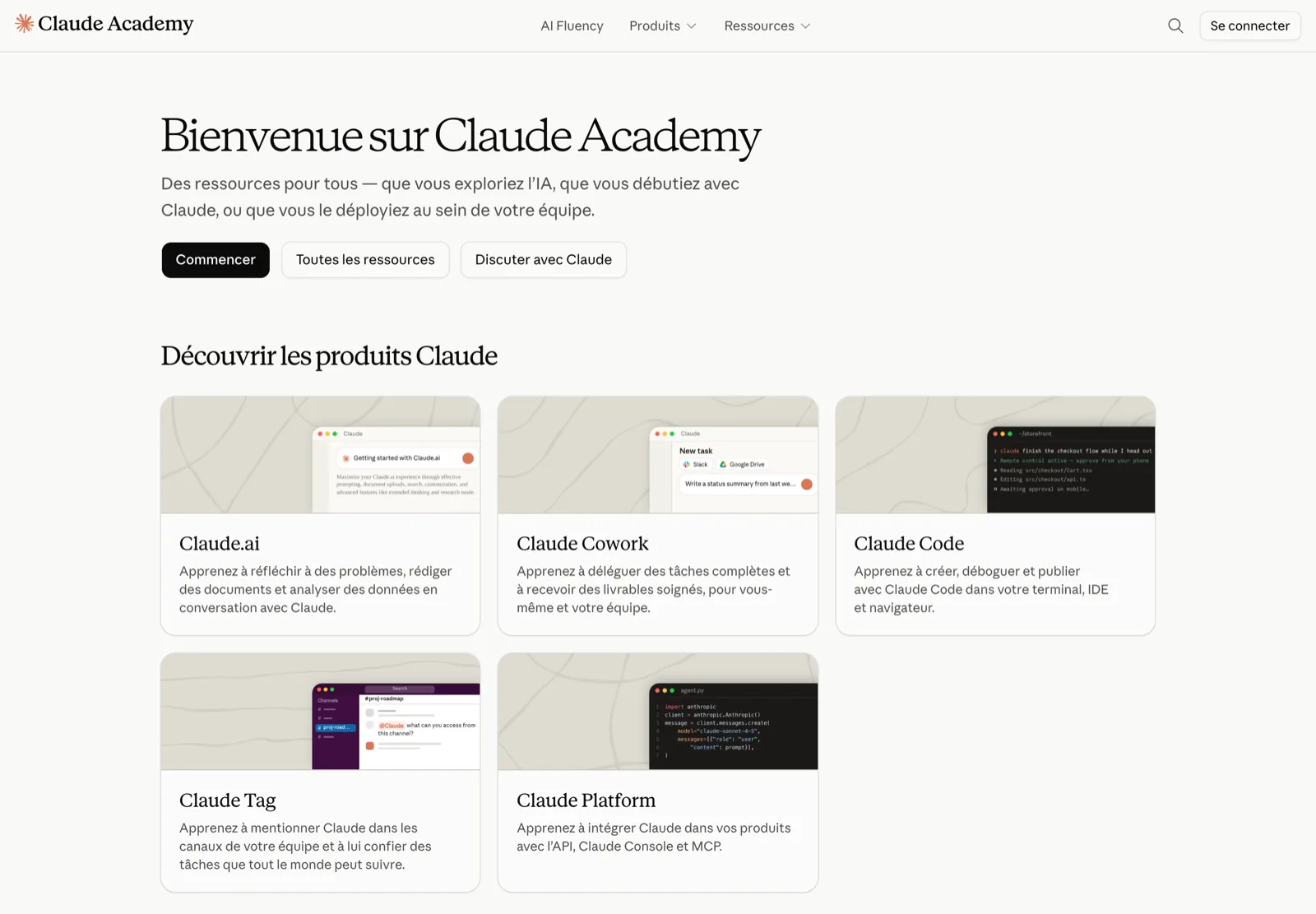 Page d'accueil de Claude Academy en français, avec les cinq parcours produit
