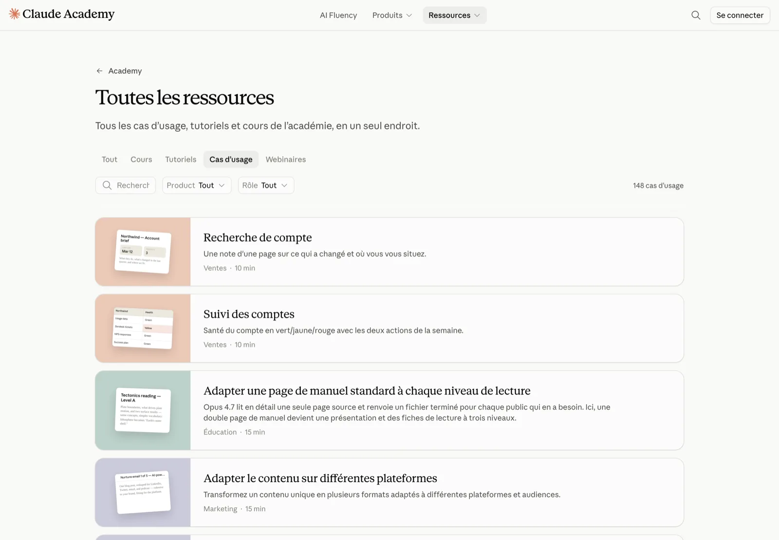 Les cas d'usage de Claude Academy, filtrables par métier