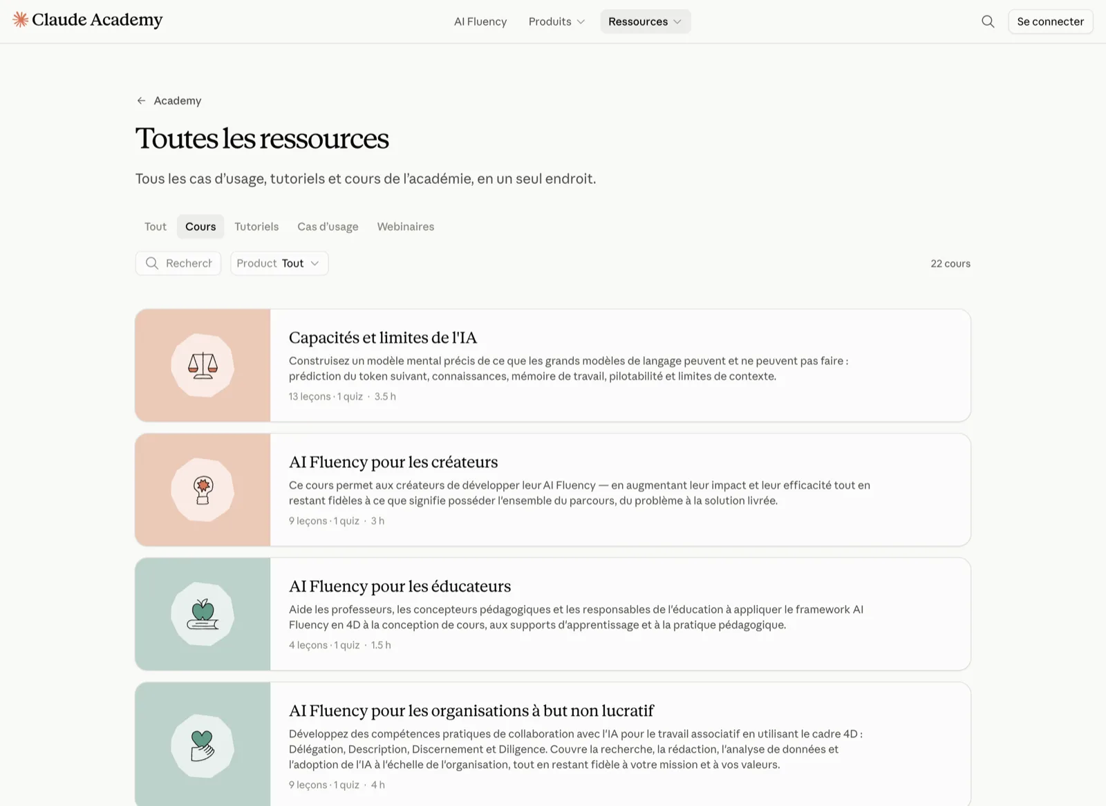 Le catalogue des 22 cours de Claude Academy, filtré par type de ressource