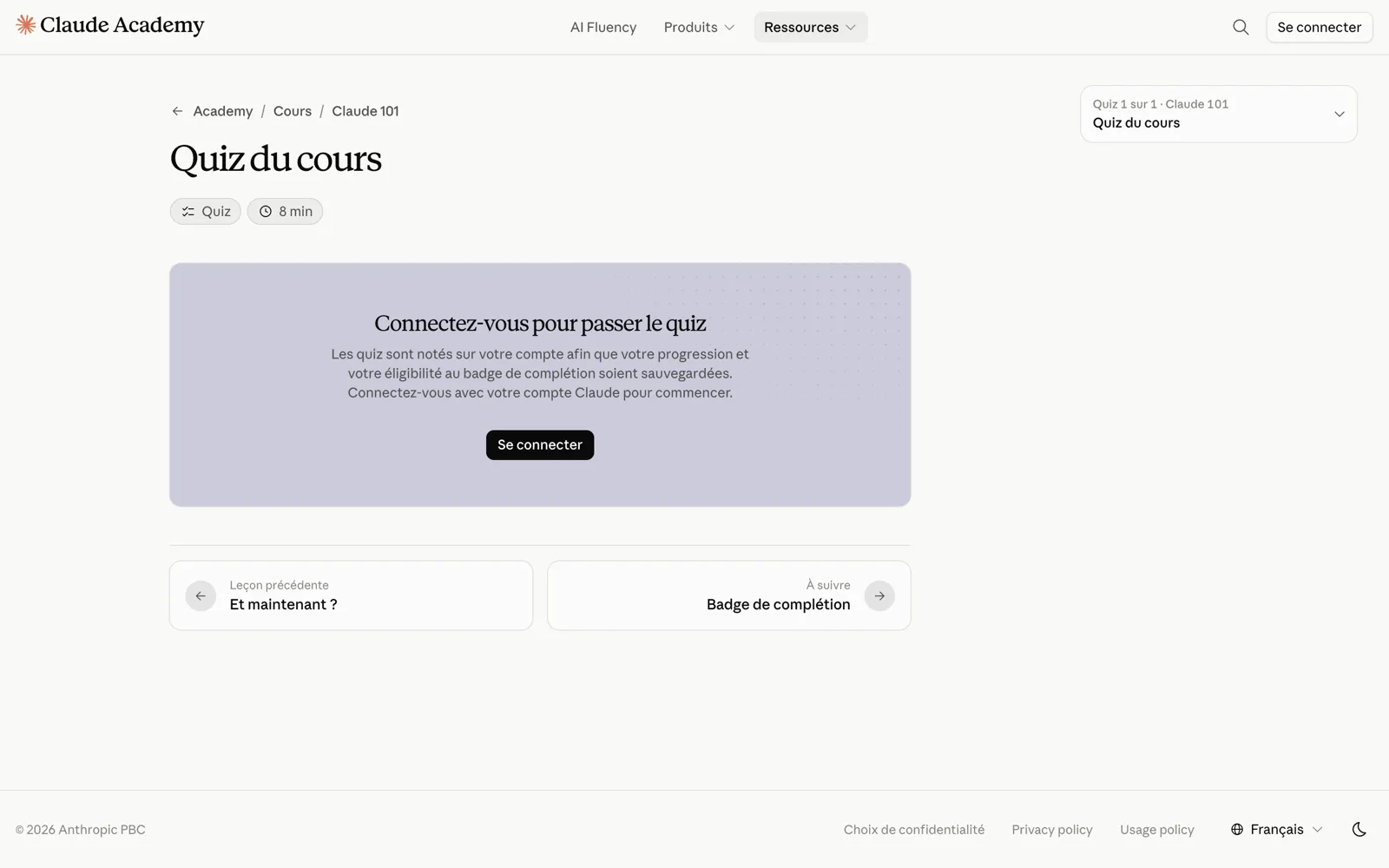 Le quiz de fin de cours sur Claude Academy, avec la connexion demandée pour être noté