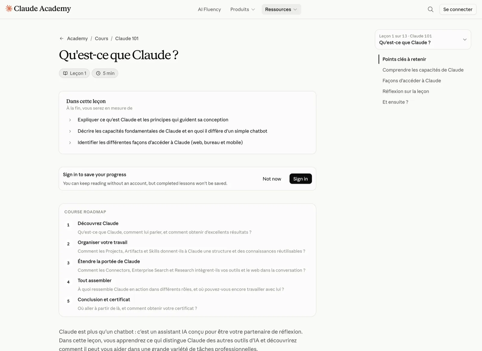 Une leçon de Claude 101, avec ses objectifs, sa durée et le sommaire du parcours