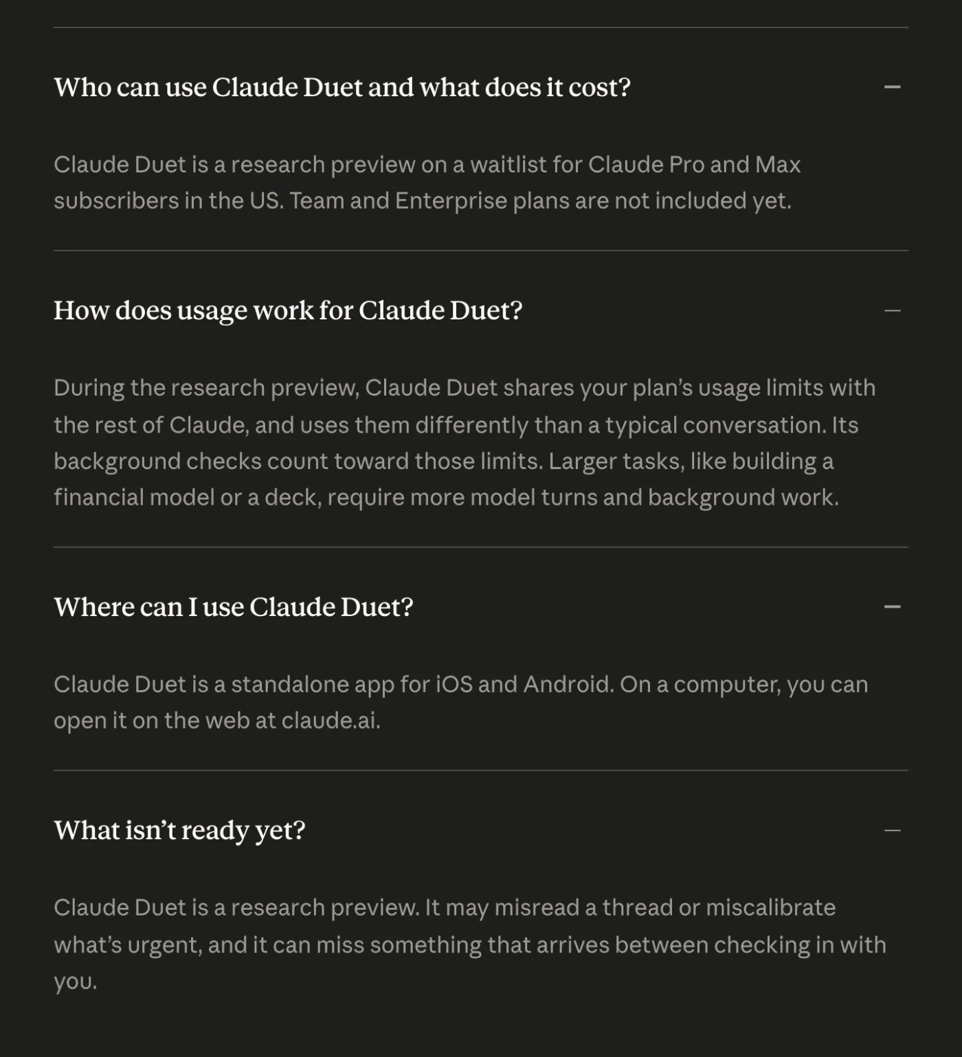 La FAQ officielle de Claude Duet : réservé aux abonnés Pro et Max aux États-Unis, limites partagées avec le reste de Claude, application iOS et Android, et ce qui n'est pas encore prêt