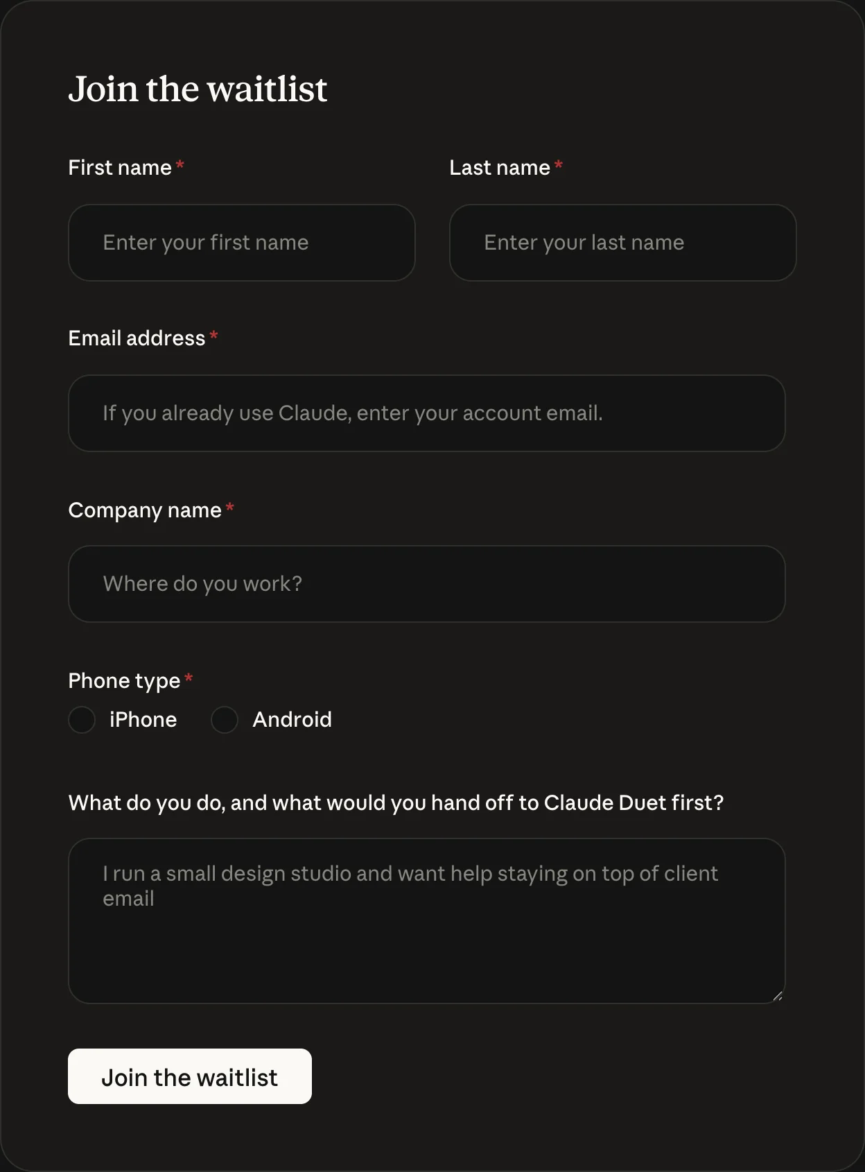 Le formulaire de liste d'attente de Claude Duet : prénom, nom, e-mail, entreprise et type de téléphone, sans aucun champ pour le pays