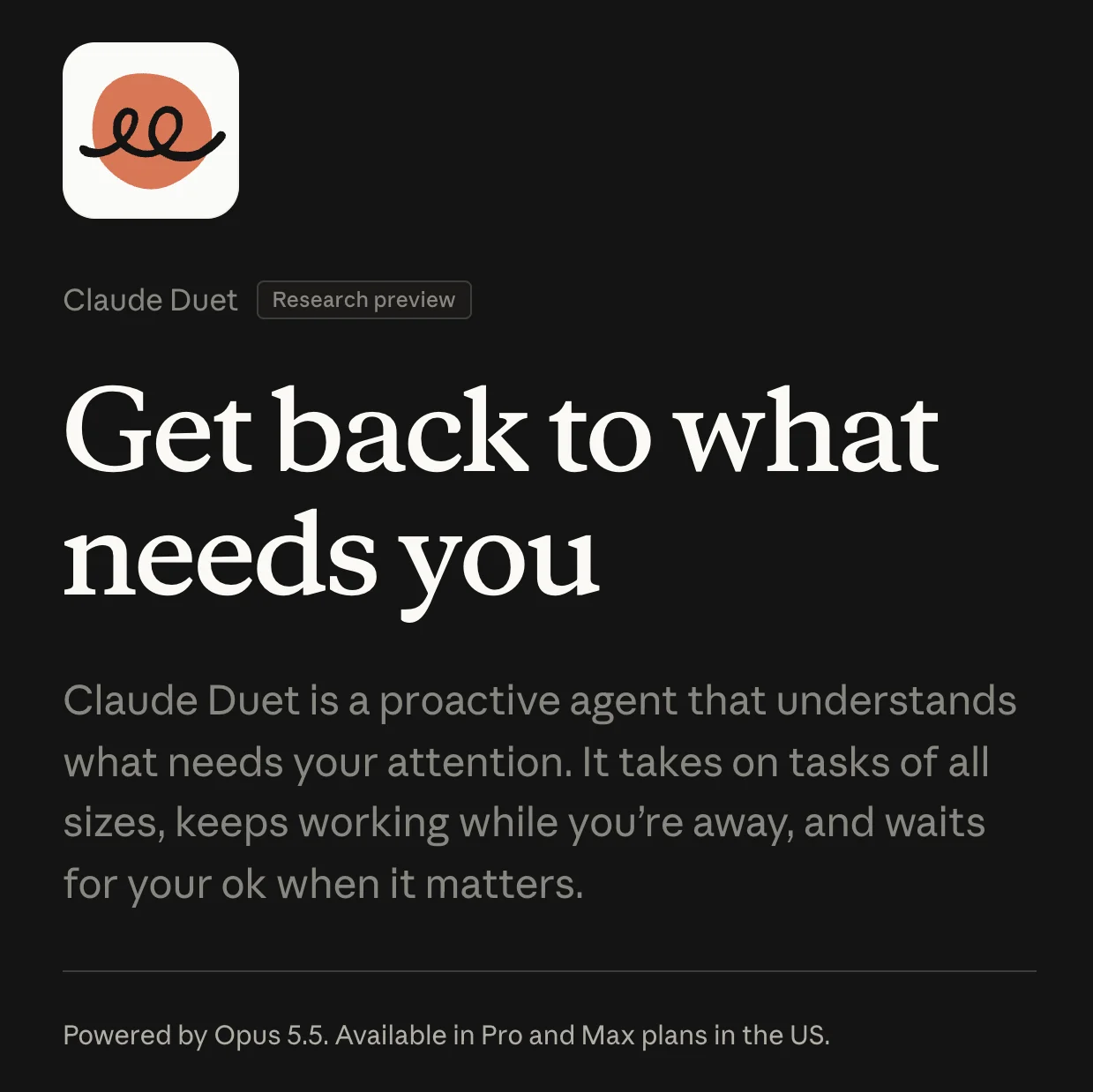 La page de Claude Duet : un agent proactif en préversion, propulsé par Opus 5.5 et disponible dans les forfaits Pro et Max aux États-Unis