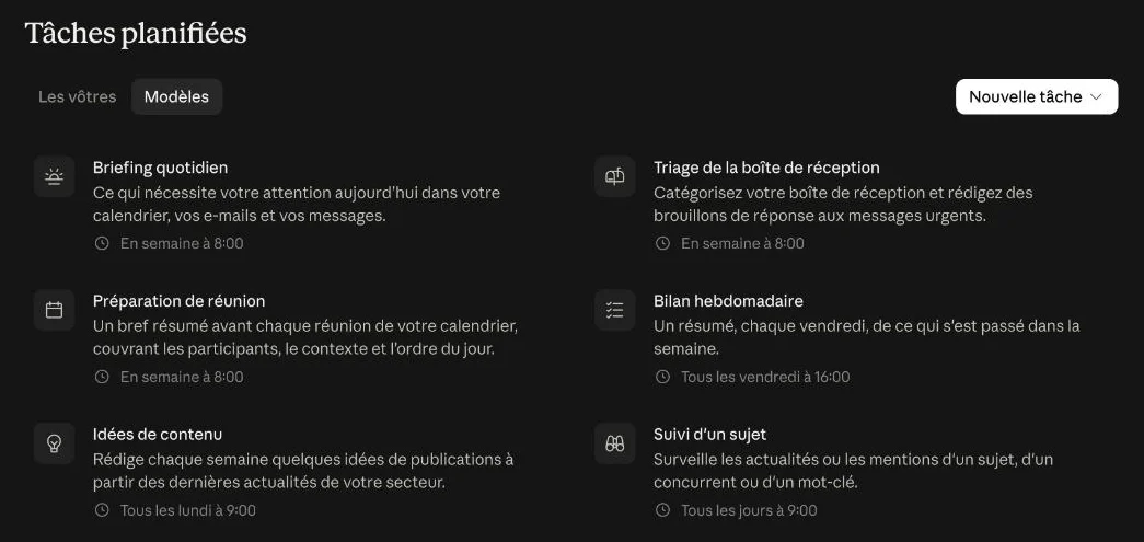 La page Tâches planifiées de Claude et ses modèles : Briefing quotidien, triage de la boîte de réception, préparation de réunion, bilan hebdomadaire, idées de contenu et suivi d'un sujet