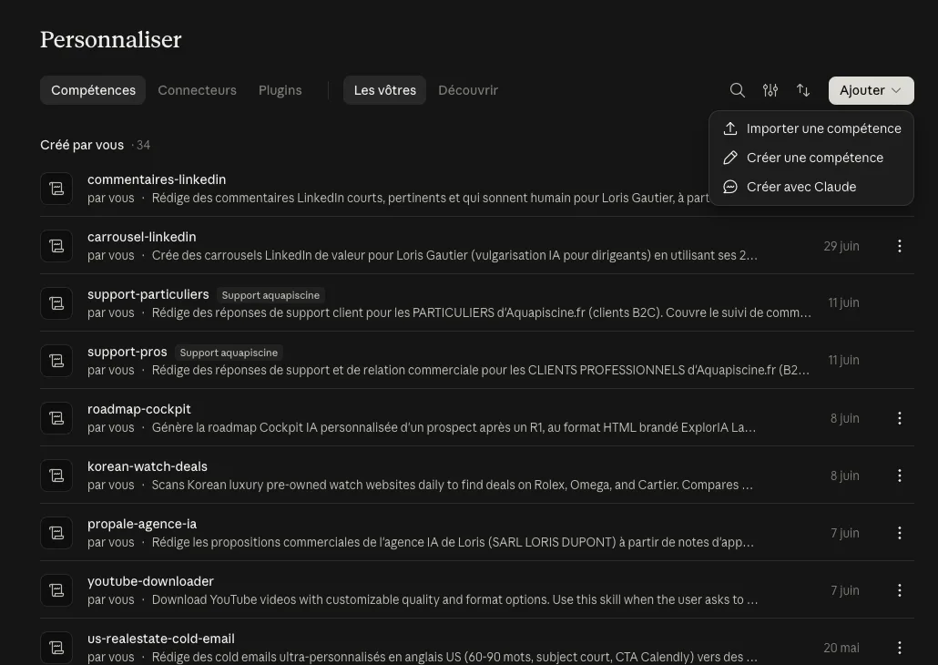 Le panneau Compétences de Claude avec le menu Ajouter ouvert : Importer une compétence, Créer une compétence, Créer avec Claude