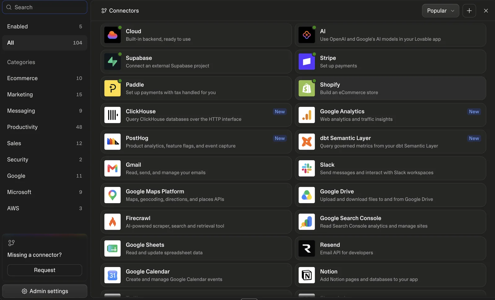 Le catalogue des 104 connecteurs de Lovable, avec Cloud, Supabase, Stripe, Slack et Google Search Console