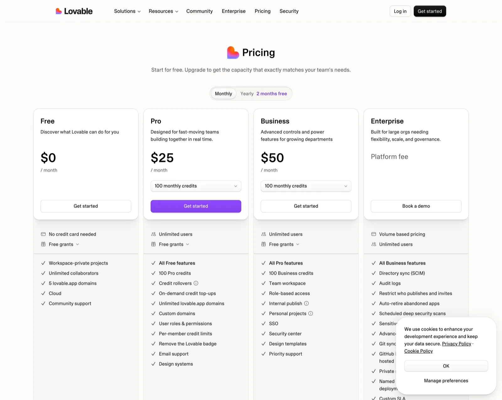 La page de tarifs de Lovable avec les plans Free, Pro, Business et Enterprise