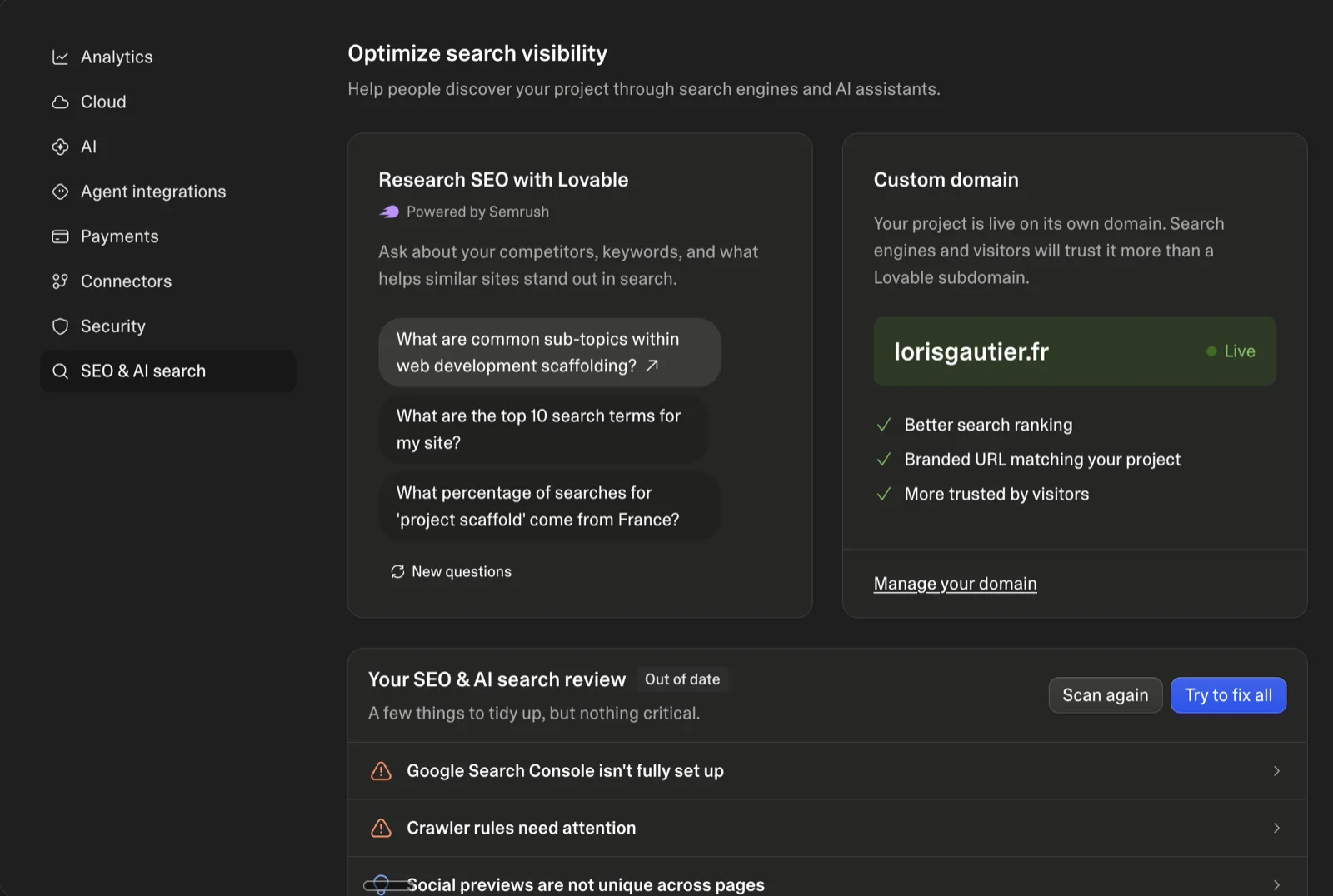 La revue SEO et AI search de Lovable sur lorisgautier.fr, avec la recherche Semrush et les points à corriger