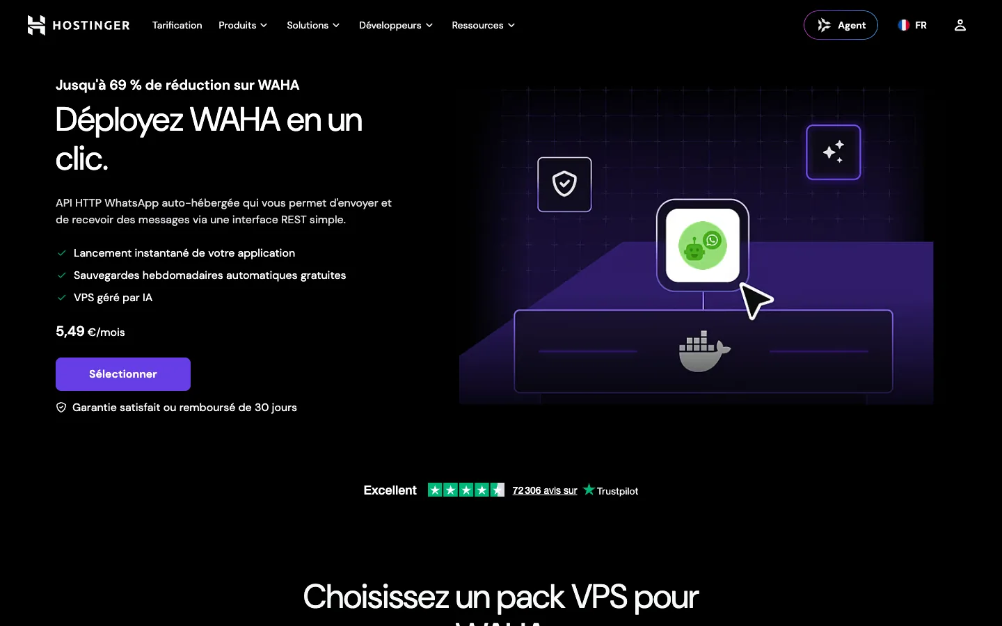 La page Hostinger du modèle WAHA, déploiement en un clic sur un VPS