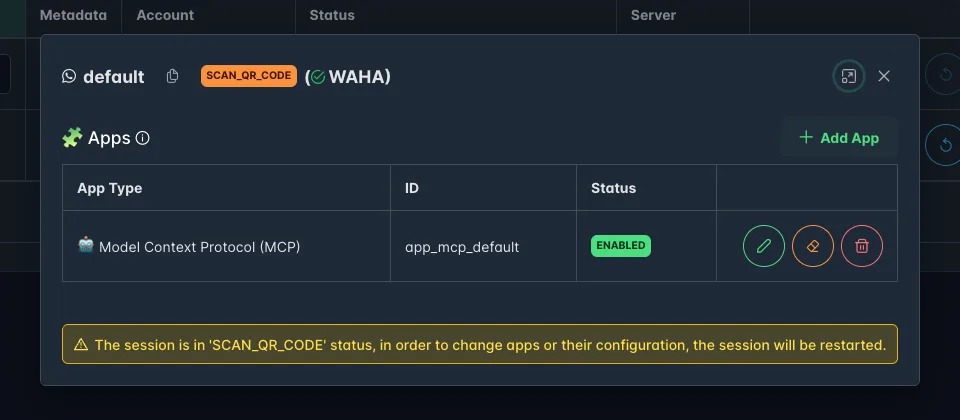 L'app MCP créée sur la session WAHA, avec son identifiant et son statut actif