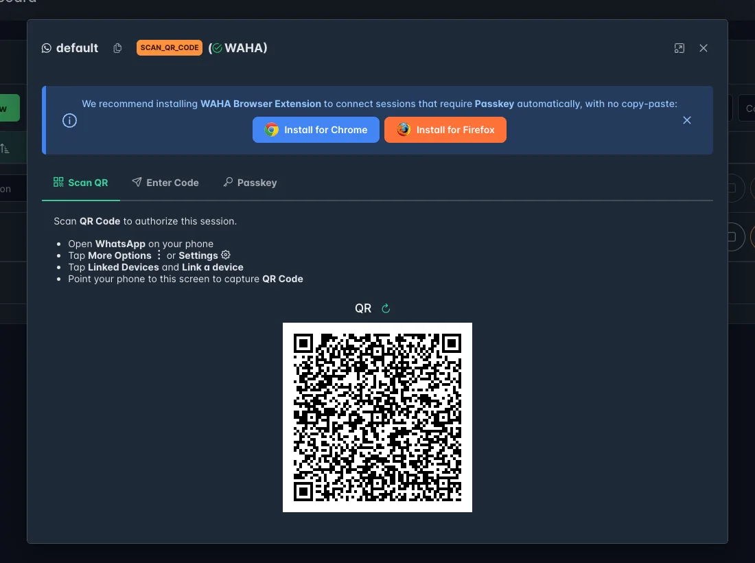 La fenêtre de connexion d'une session WAHA, avec le QR code et les instructions pour lier l'appareil
