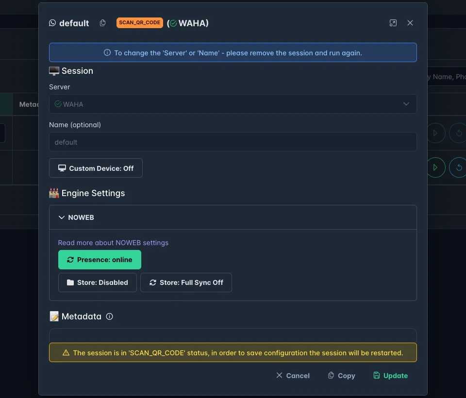 Les réglages d'une session WAHA avec le moteur NOWEB, le store et la synchronisation complète