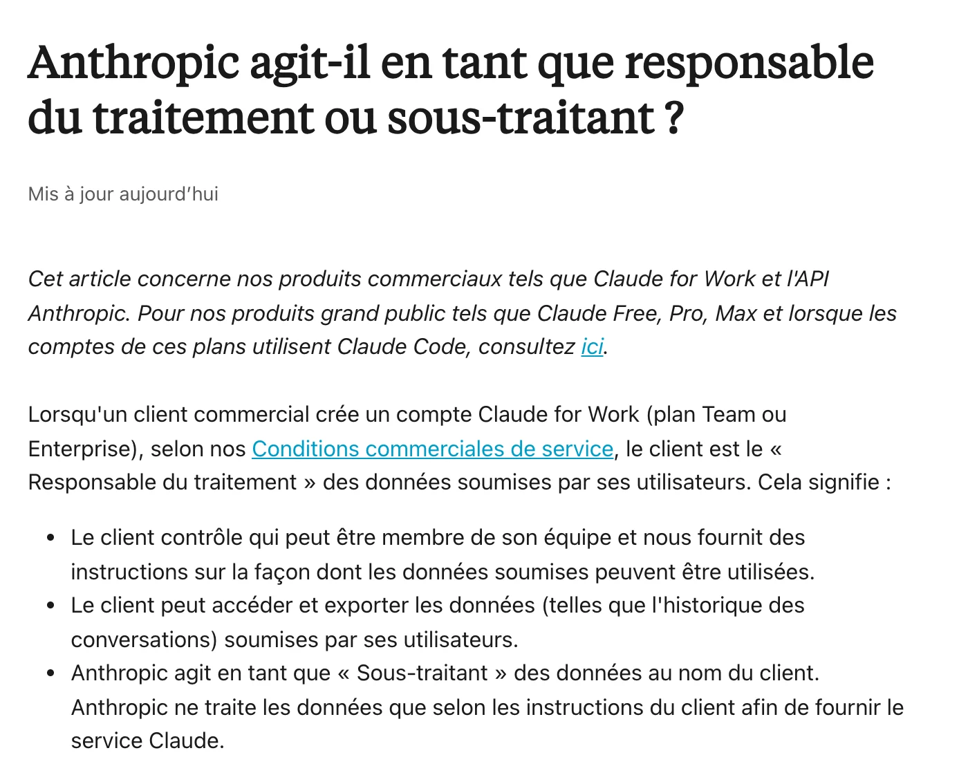 La page d'Anthropic sur les rôles RGPD : sur Team ou Enterprise, le client est responsable du traitement et Anthropic sous-traitant ; Free, Pro et Max renvoient à une autre page