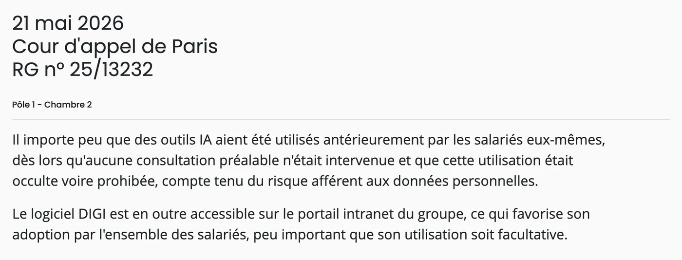 L'arrêt de la cour d'appel de Paris du 21 mai 2026 : il importe peu que les salariés aient déjà utilisé l'IA d'eux-mêmes, peu important que son utilisation soit facultative