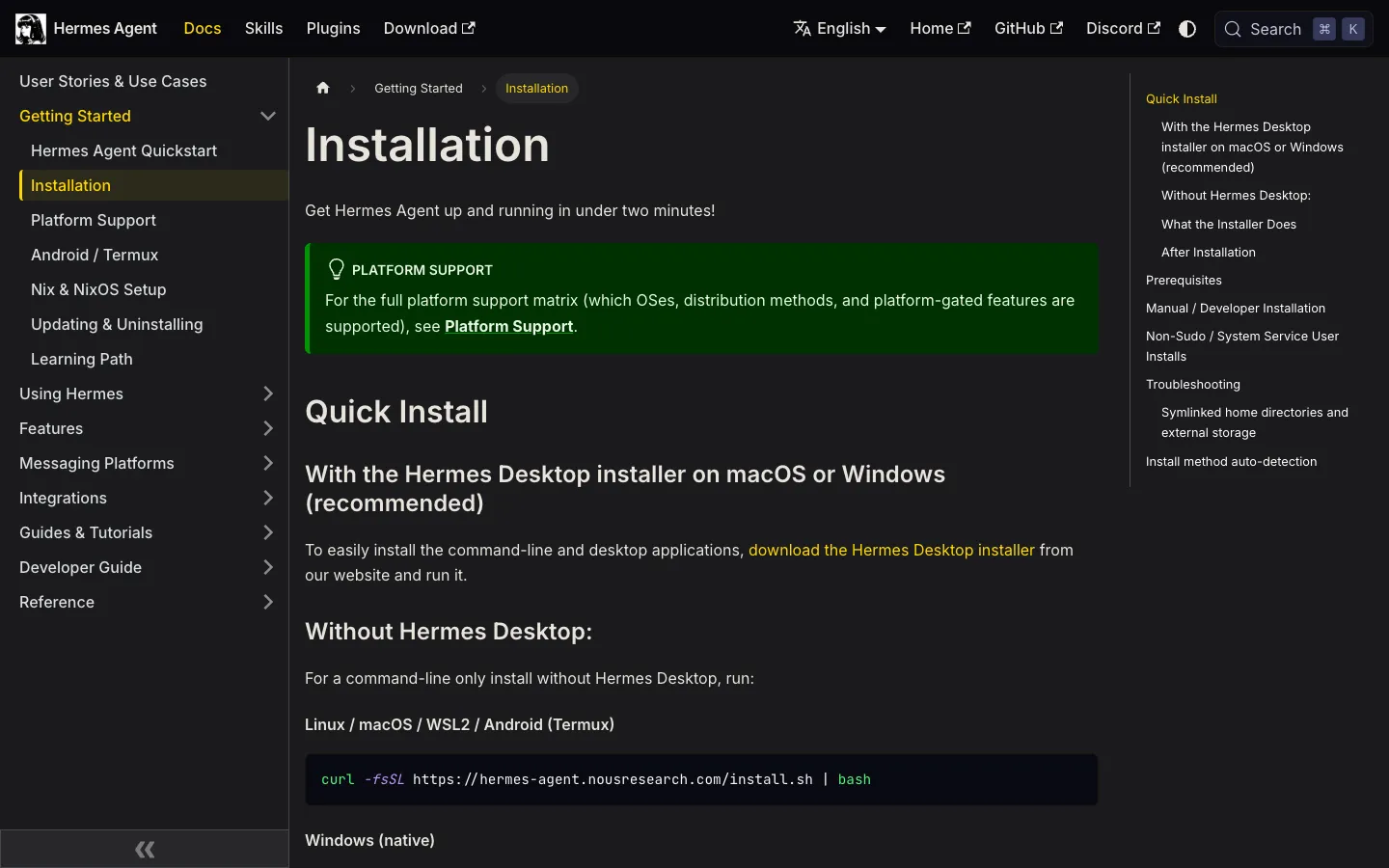 La page d'installation de la documentation Hermes Agent, avec la commande d'installation en une ligne pour Linux