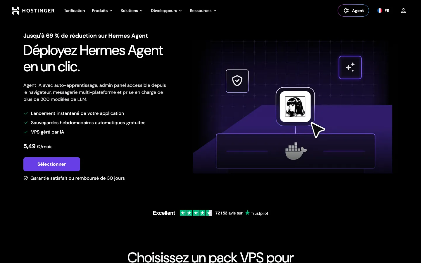 La page Hostinger du modèle Hermes Agent, installation Docker en un clic sur un VPS