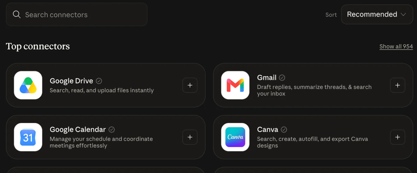 L'annuaire officiel des connecteurs de Claude : Google Drive, Gmail, Google Agenda, Canva, et 954 connecteurs en tout