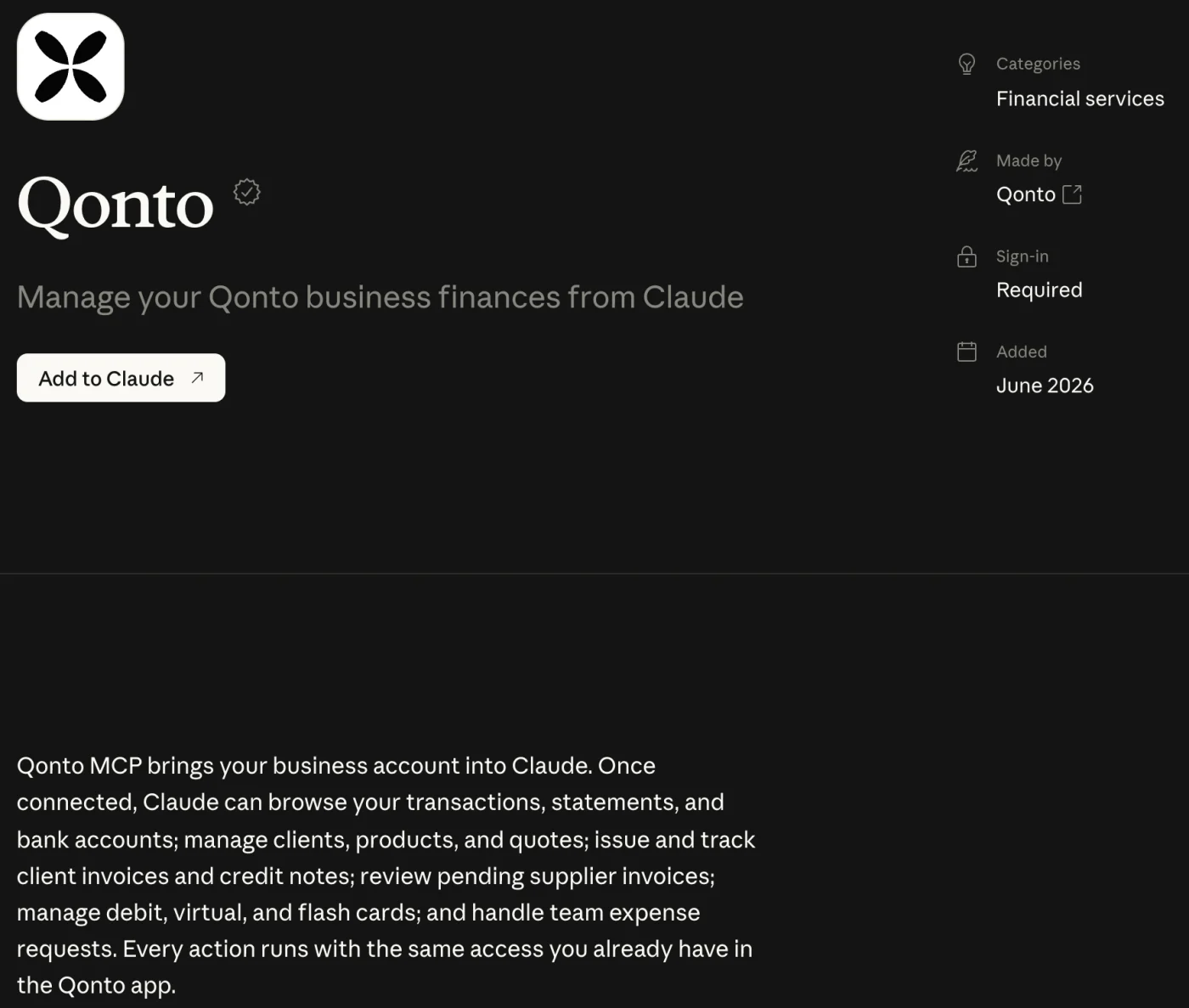 La fiche du connecteur Qonto dans l'annuaire de Claude : transactions, devis, factures, cartes et notes de frais, avec les mêmes accès que dans l'application Qonto