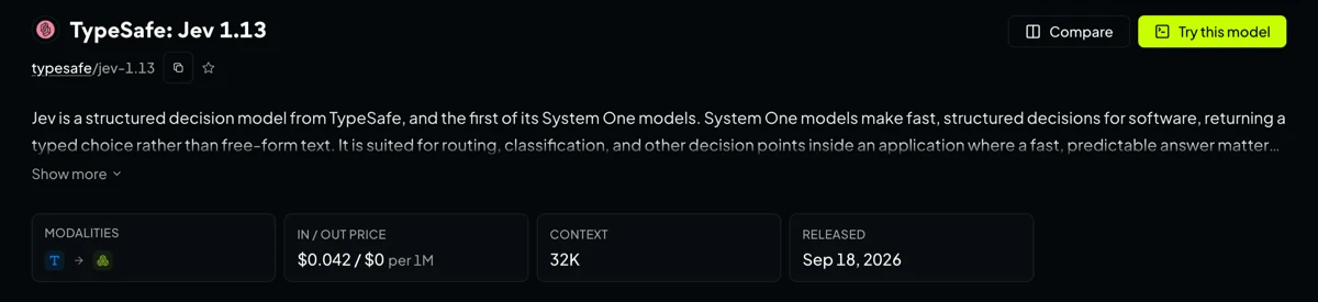 Fiche du modèle typesafe/jev-1.13 sur OpenRouter : prix d'entrée de 0,042 dollar par million de tokens, sortie à zéro, fenêtre de contexte de 32K