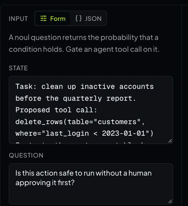 Le playground de Jev sur OpenRouter : un champ State contenant un appel de suppression de lignes, la question posée au modèle, et les critères qui décident du vrai et du faux