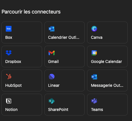Les "connecteurs" de chatgpt on peut y voir gmail, Google Calendar, Teams...