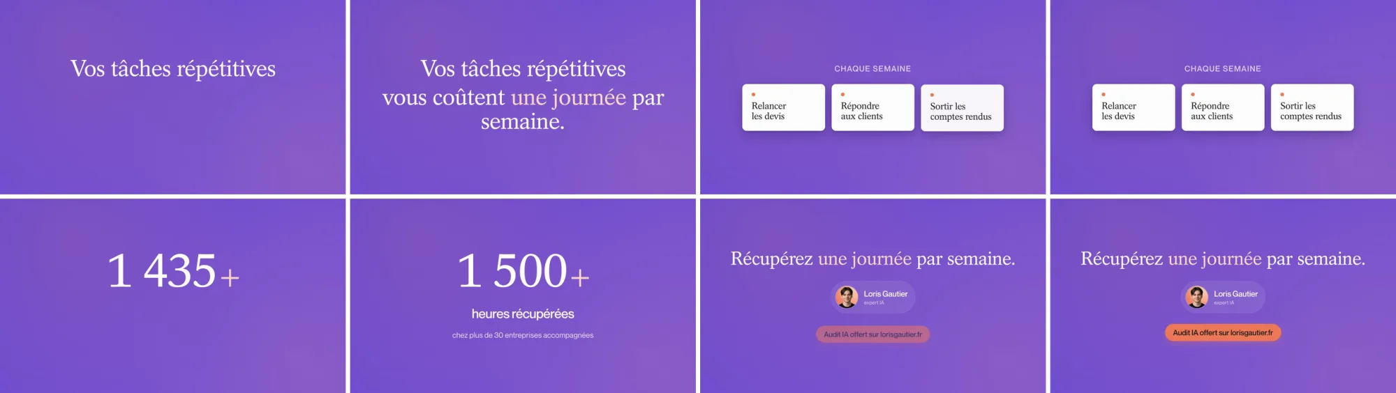 Planche de contrôle de la version horizontale : huit images réparties sur les 15 secondes de la vidéo