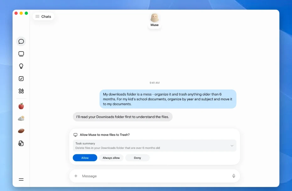 L'application Muse sur Mac : avant de mettre des fichiers à la corbeille, Muse demande l'autorisation, avec trois choix, autoriser, toujours autoriser ou refuser