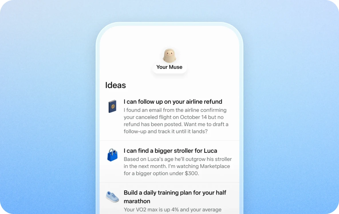 L'application Muse sur mobile : des idées de tâches proposées par l'agent, comme relancer un remboursement de vol repéré dans les mails