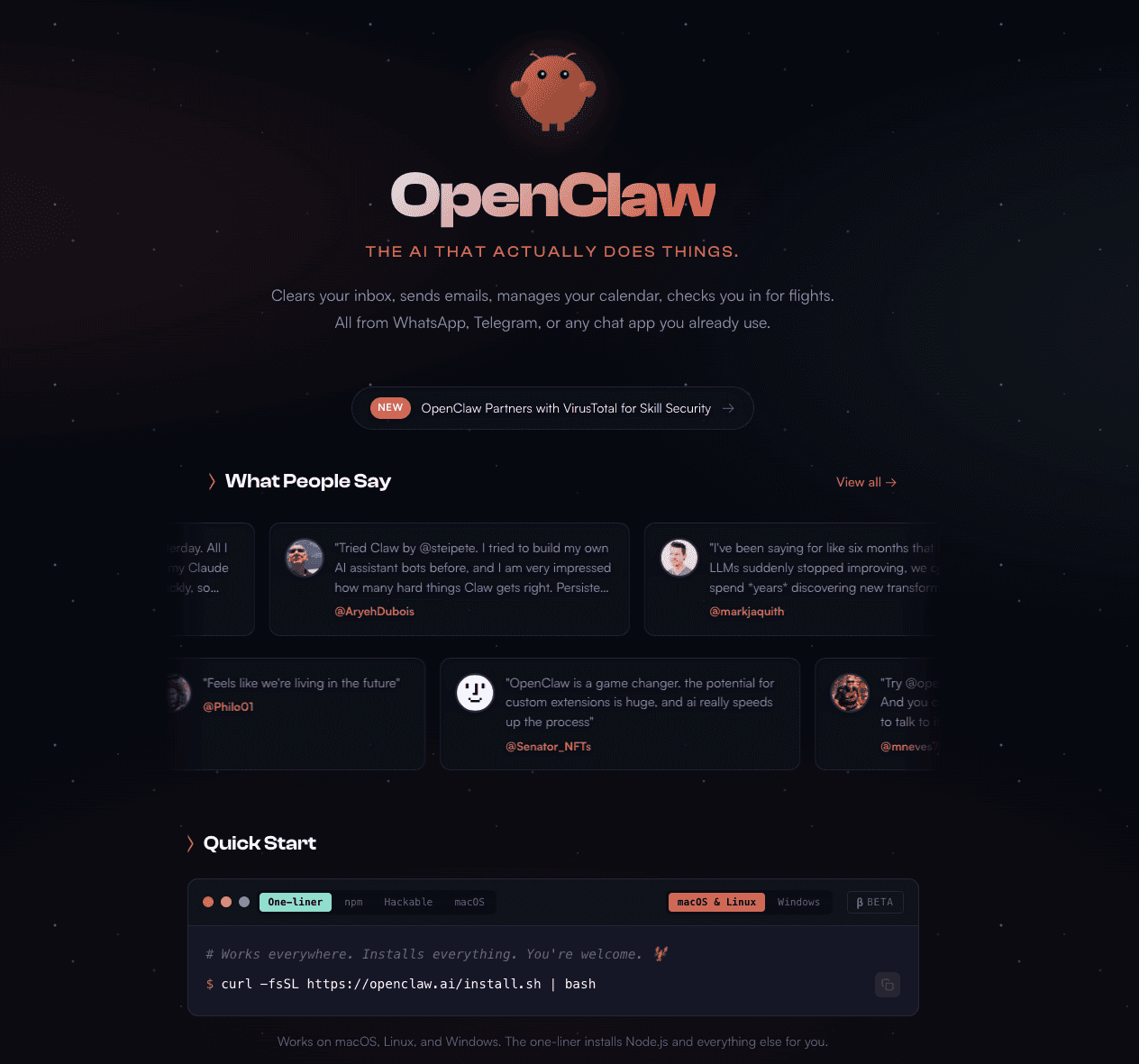 Page d'accueil d'OpenClaw, avec les avis d'utilisateurs et la commande d'installation