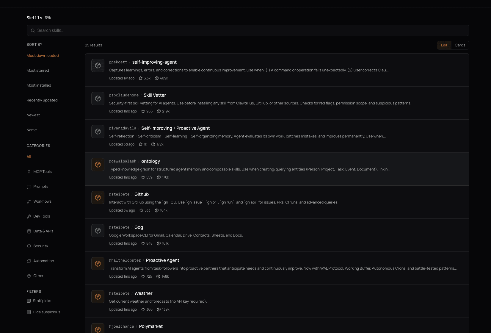 ClawHub, le catalogue de skills d'OpenClaw, trié par nombre de téléchargements