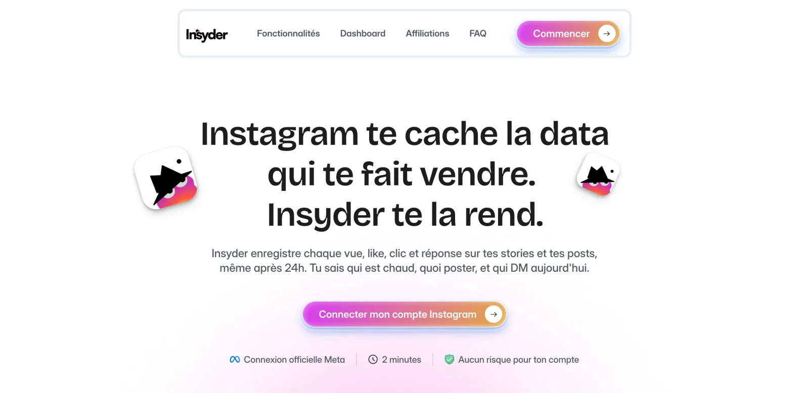 La page d'accueil d'Insyder, avec les promesses de connexion officielle Meta et d'aucun risque pour le compte