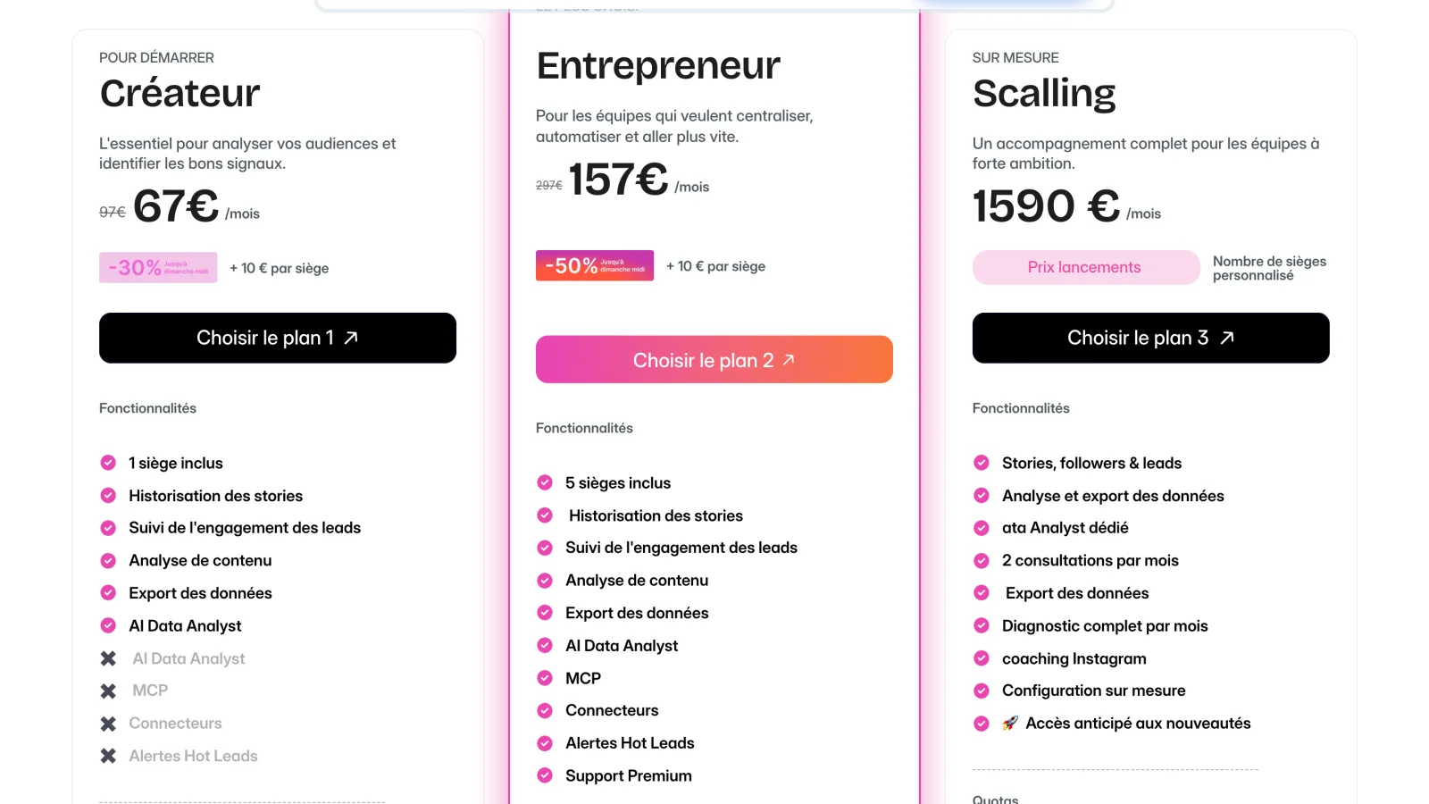 La grille de prix d'Insyder : plans Créateur, Entrepreneur et Scaling
