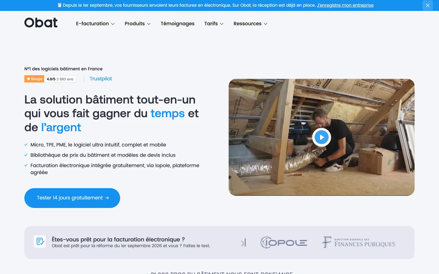 La page d'accueil d'Obat : la solution bâtiment tout-en-un, pour les micro-entreprises, TPE et PME, avec la facturation électronique via Iopole
