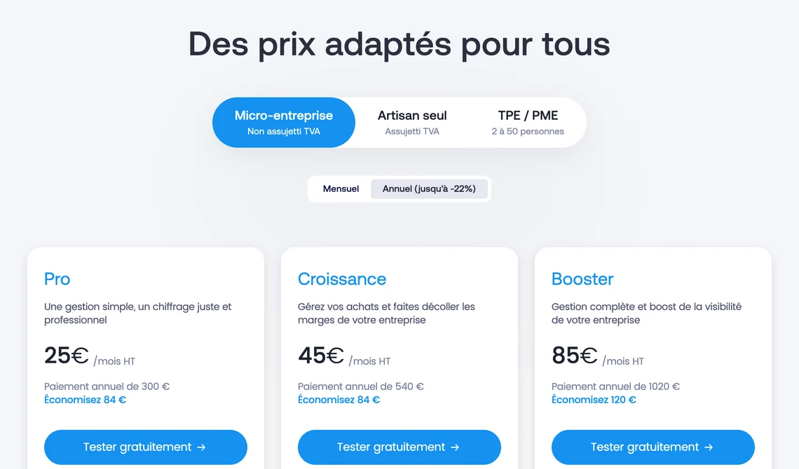 La grille tarifaire d'Obat pour une micro-entreprise en paiement annuel : Pro à 25 €, Croissance à 45 € et Booster à 85 € HT par mois