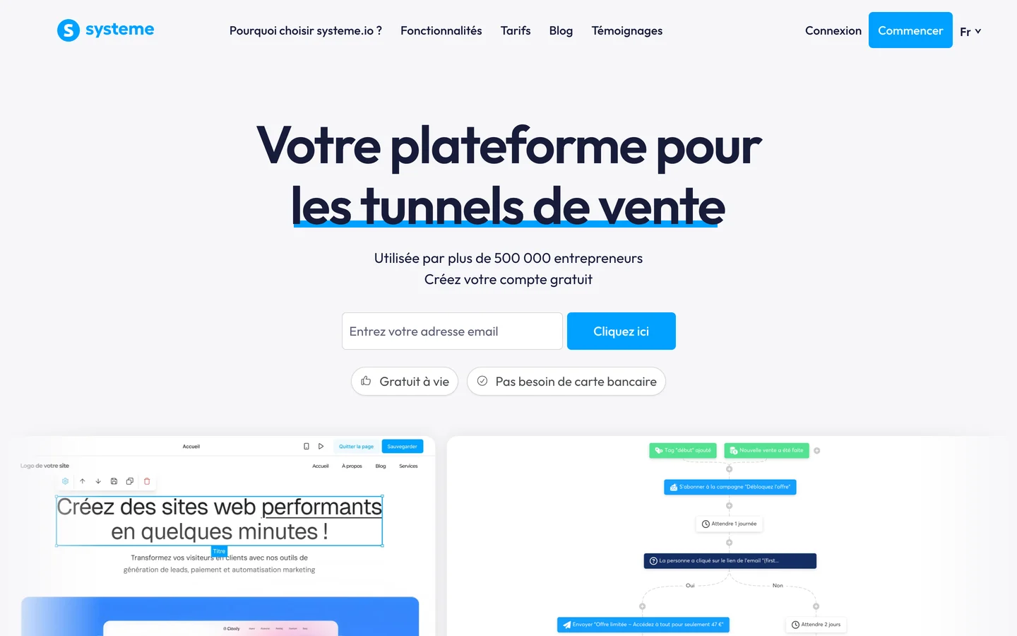 La page d'accueil de Systeme.io : votre plateforme pour les tunnels de vente, utilisée par plus de 500 000 entrepreneurs