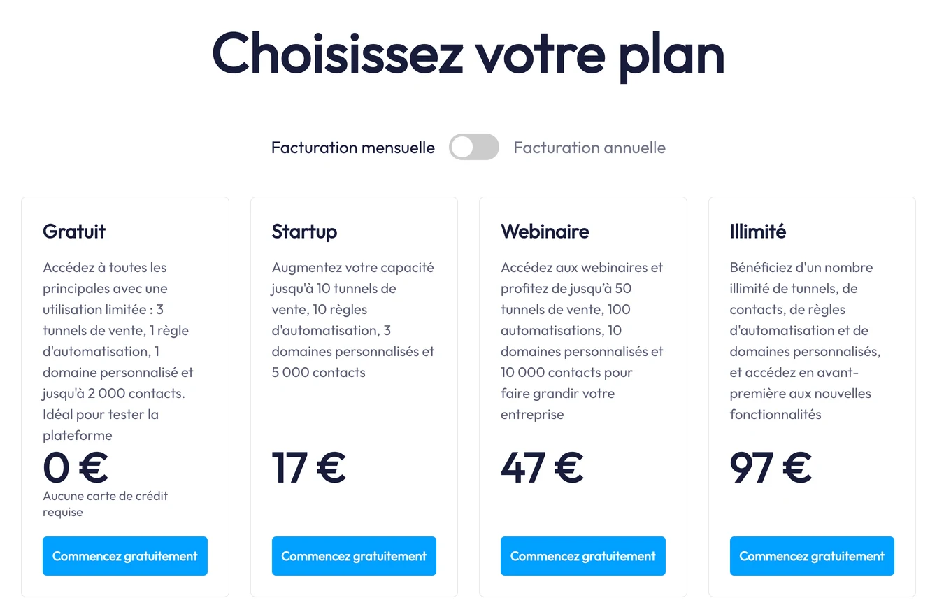La grille tarifaire de Systeme.io : plans Gratuit à 0 €, Startup à 17 €, Webinaire à 47 € et Illimité à 97 € par mois