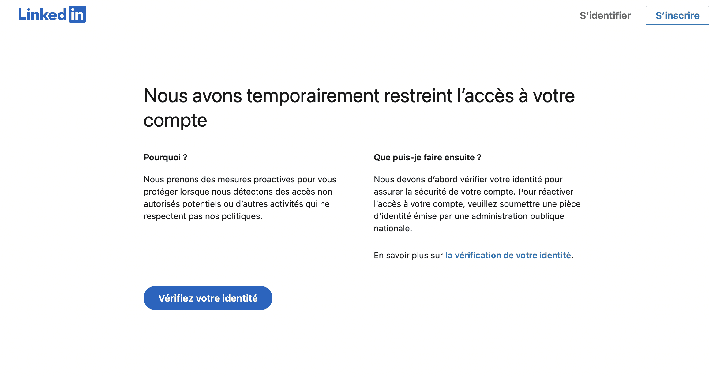 Linkedin "Nous avons temporairement restreint l'accès à votre compte"