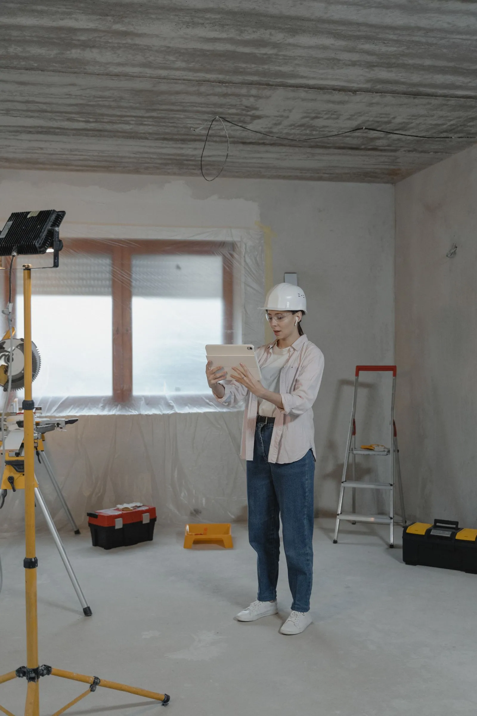 Une cheffe de chantier en casque relit un devis sur sa tablette, dans une pièce en cours de rénovation